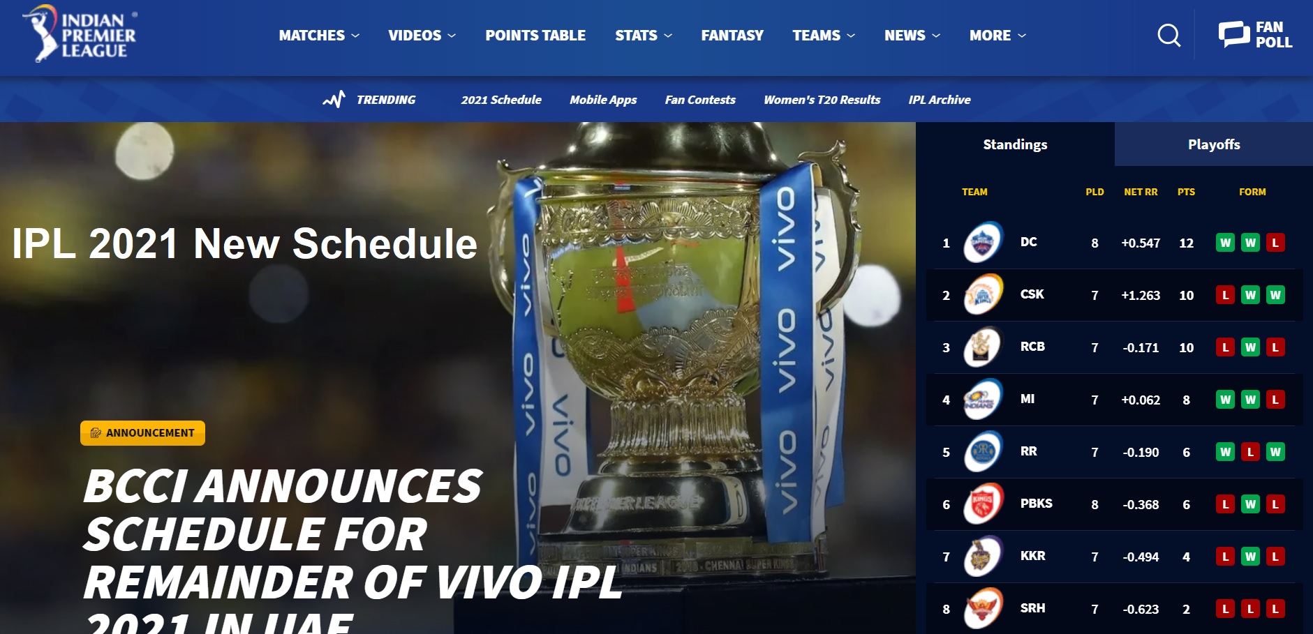 Ipl 2021 New Schedule Points Table Venue Dates Match Phase 1 2 9492