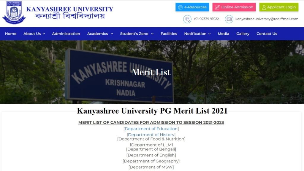 Kanyashree University PG Admission List 2021