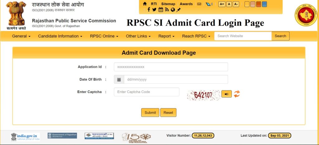 RPSC SI Admit Card login Page 2021