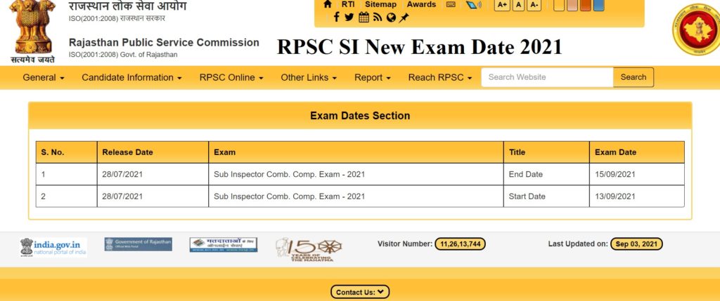 RPSC SI Exam Date 2021