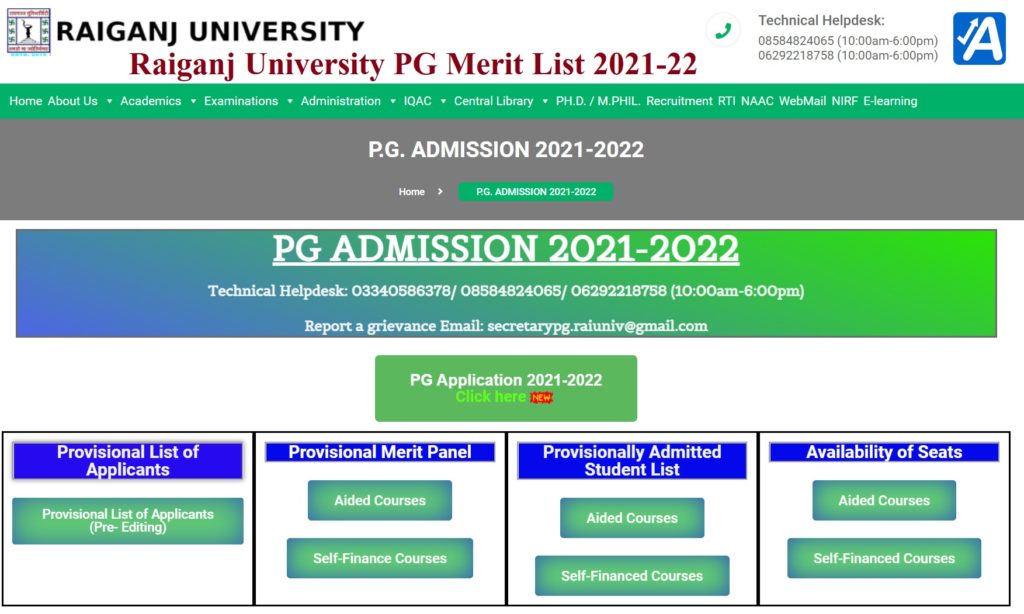 Raiganj University PG Merit List 2021-22
