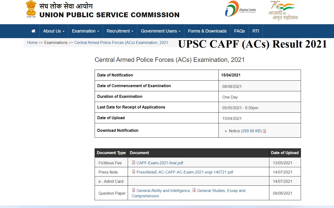 UPSC CAPF AC Result 2021 (PDF) BSF, CISF, CRPF, ITBP, SSB CutOff