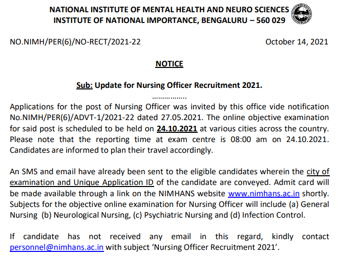 NIMHANS Nursing Officer Admit card 2021
