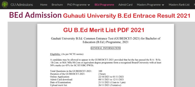 Gauhati University B.Ed Entrance Result 2021