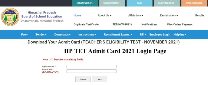 HP TET Admit card 2021 Login Page