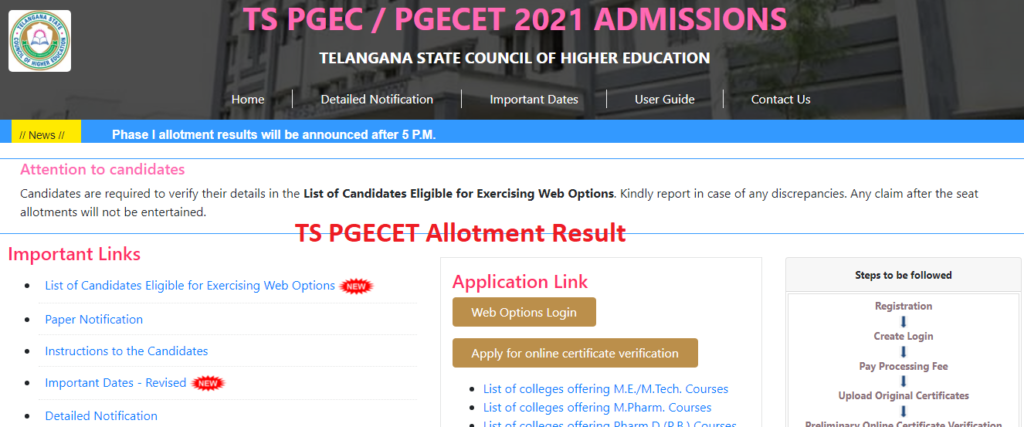 TS PGECET Seat Allotment result 2021 rank wise