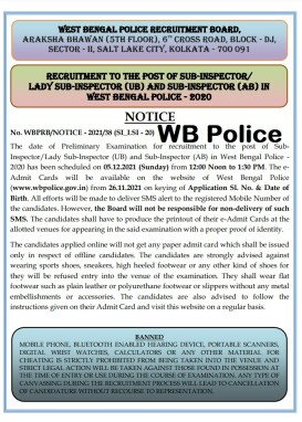 West Bengal Police (WBP) SI Admit Card 2021