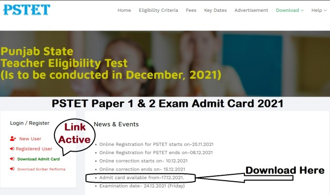 pstet.pseb.ac.in PSTET Admit Card 2021