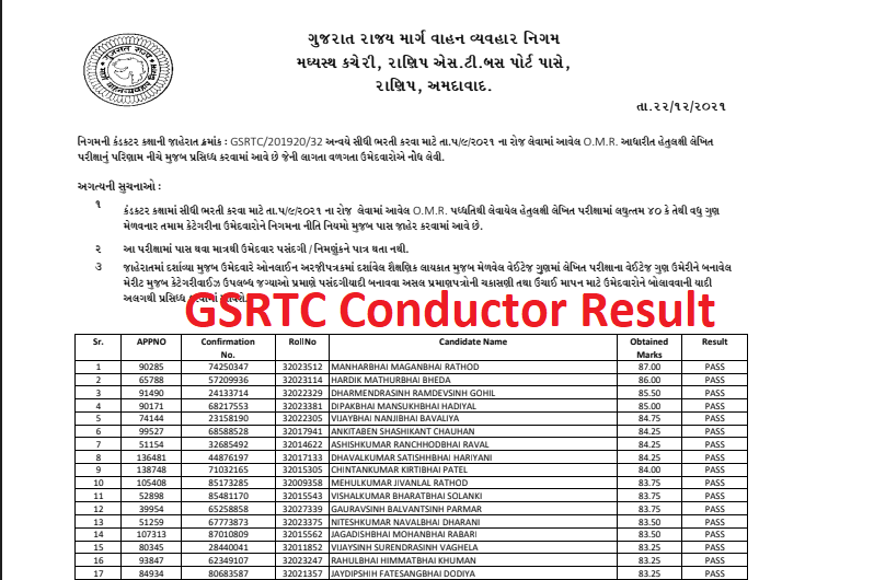 GSRTC Conductor result 2021 Pdf 