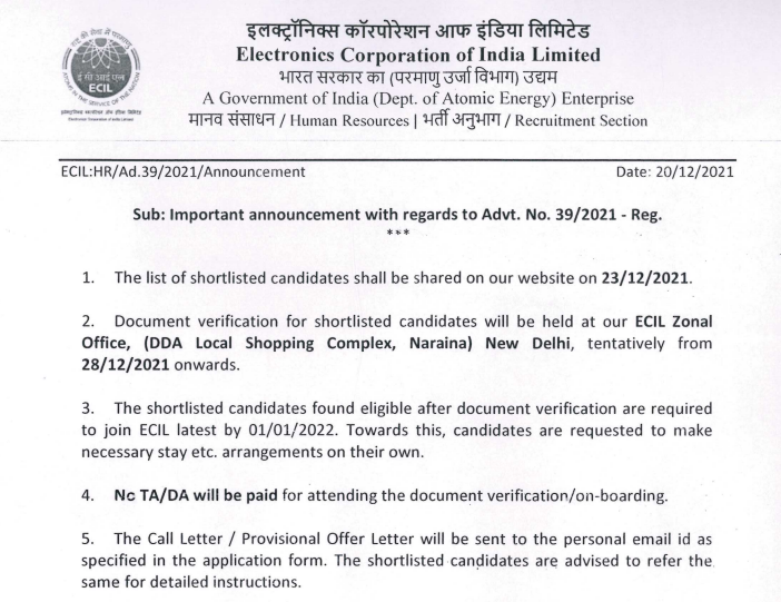 ECIL Technical officer result 2021 pdf 