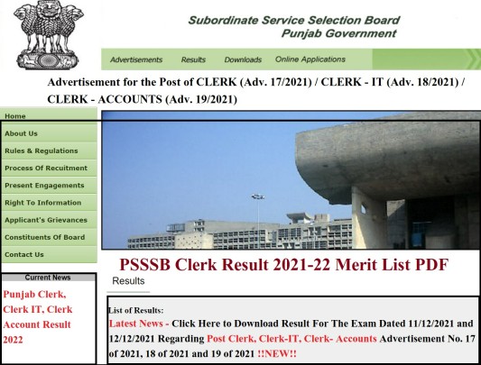 PSSSB Clerk Result 2021-2022