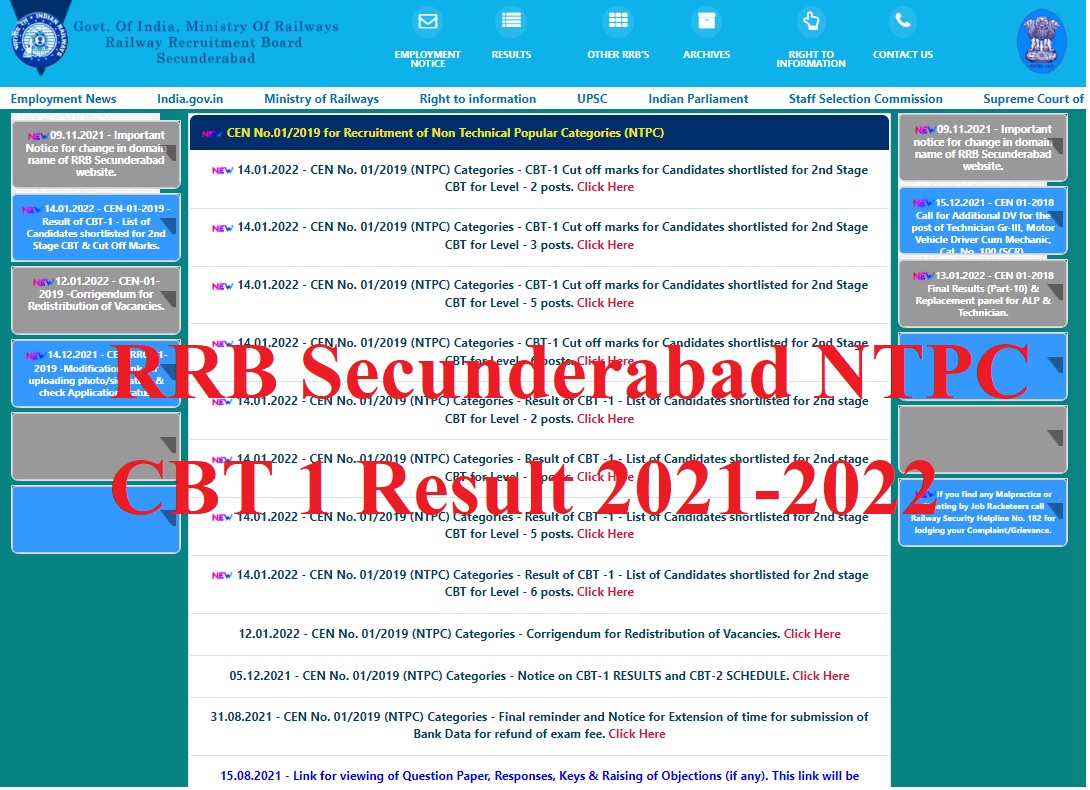 RRB Secunderabad NTPC CBT 1 Result 2021 2022 List Released Cutoff