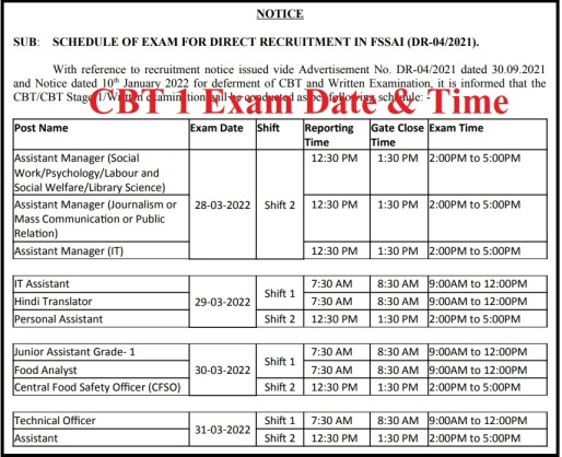FSSAI CBT 1 Exam Date & Time 2022