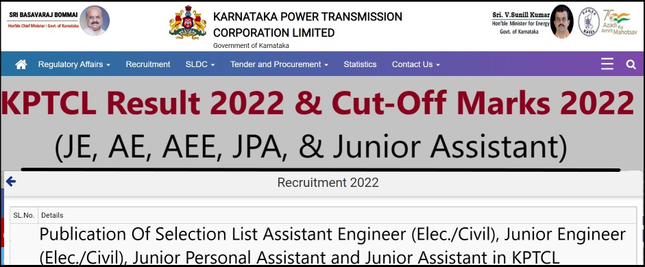 KPTCL AE JE Junior Assistant Result 2022
