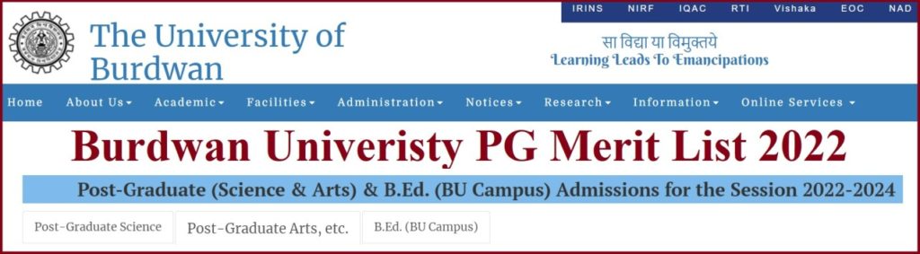 Burdwan University PG Merit List 2022