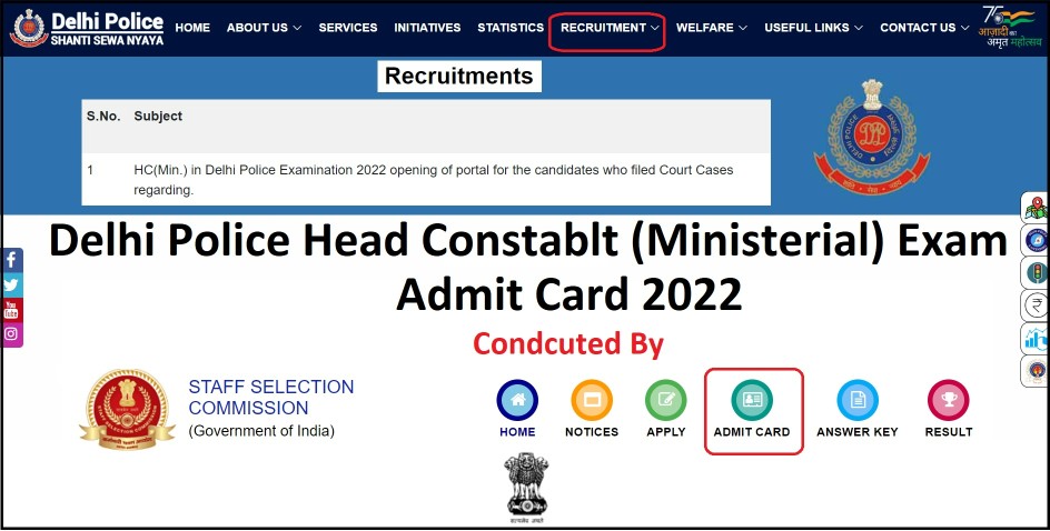 SSC Delhi Police Head Constable Ministerial Admit Card 2022