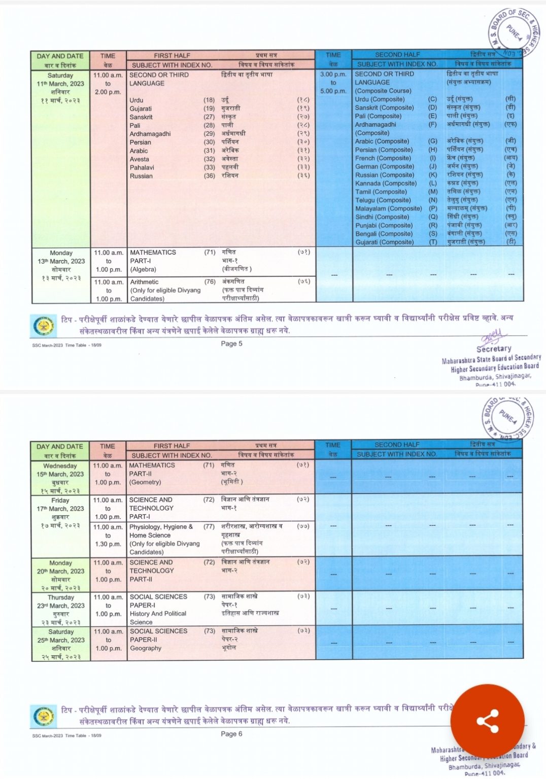 Maharashtra SSC Time Table 2023 Pdf Mahahsscboard.in Class 10th March ...