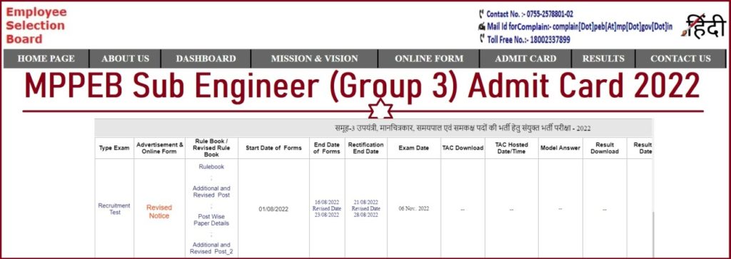 MP Vyapam Sub Engineer Admit Card 2022 