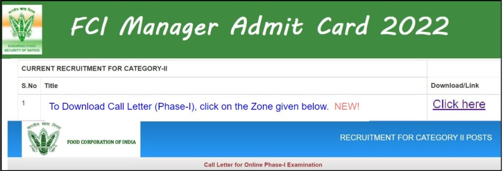 FCI Manager Admit Card 2022