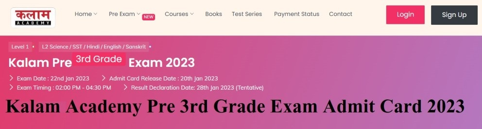 Kalam Academy Pre 3rd Grade Admit Card 2023