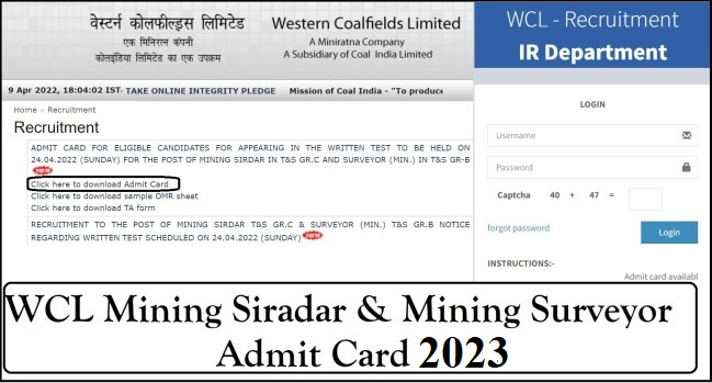 WCL Admit Card 2023 For Mining Siradar & Surveyor