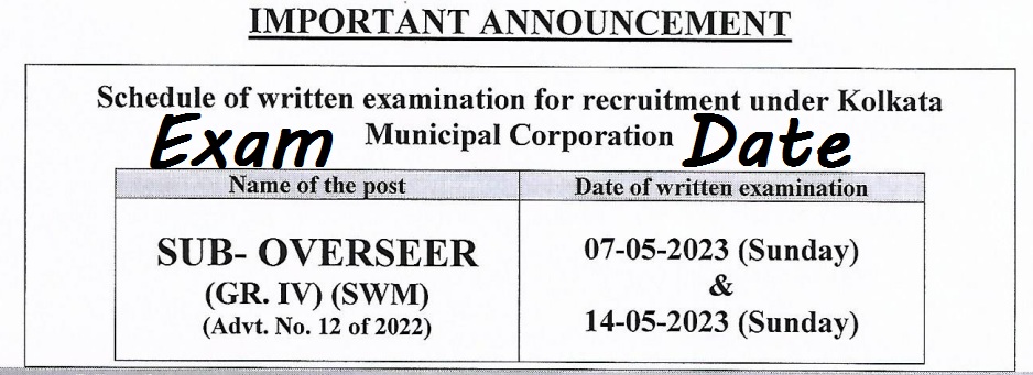Kolkata Municipal Corporation Recruitment 2024 Sub Overseer Admit Card Exam Date Released Notification Updates