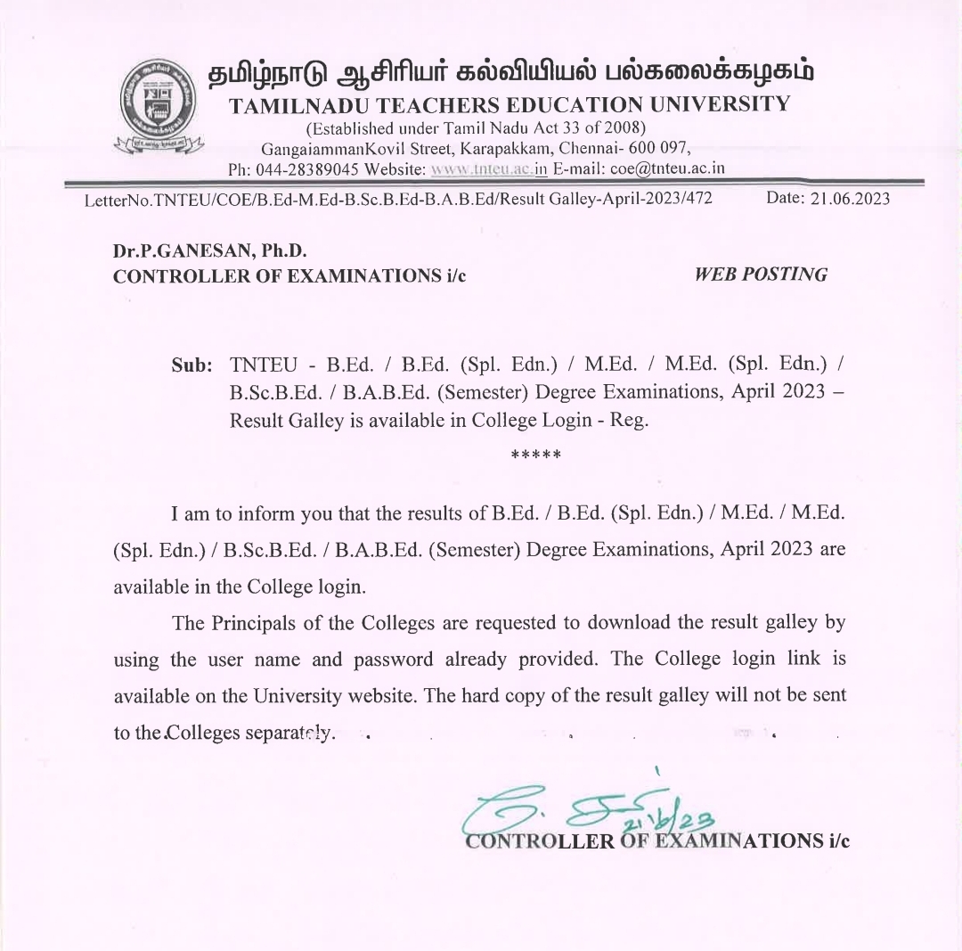 TNTEU B.Sc B.Ed Result 2024(OUT) Examtnteu.tnteu.ac.in Check TNTEU B.Sc ...